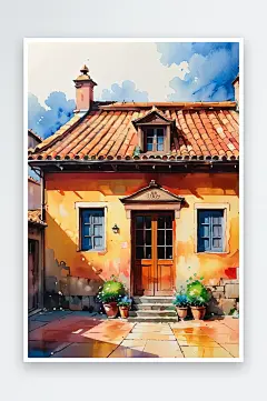手绘油画老房子四合院插画-众图网