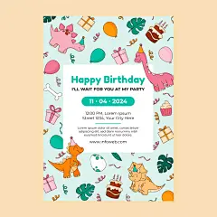 生日派对聚会礼物气球蛋糕可爱小恐龙插画邀请海报展板ai设计素材-淘宝网