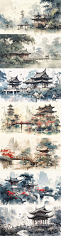 古风场景插画图集 AI国风水墨背景图片素材 影视游戏场景概念设计-淘宝网