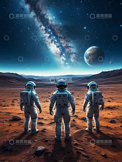 三个宇航员在火星回望地球星空高清模板免费下载-趣麦麦图