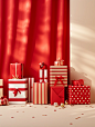 Gifts with red boxes and gold foil on a shelf, in the style of scattered composition, luminous hues, monochromatic abstractions, polka dot madness, light red, tabletop photography, stripes and shapes