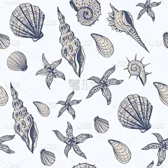 贝壳,插画,四方连续纹样,华丽的,螺线,光亮,食品,壁纸,海星,复古