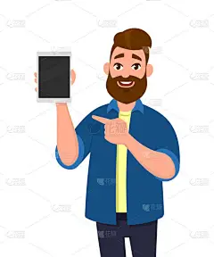 男子显示数字平板电脑, 并指出这一点。平板电脑概念插图。卡通风格中的矢量插画.