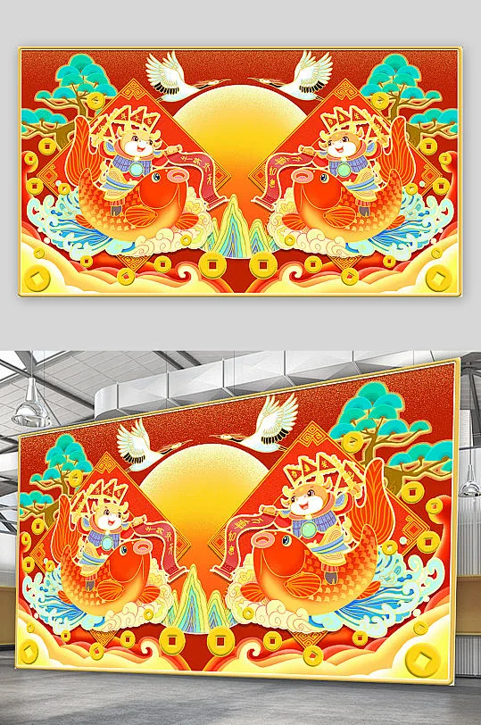 精品手绘福牛插画设计-众图网