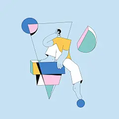 很适合临摹的描边插画 : 每个形状都概括得很到位，很有特色，非常值得学习，只是几个简单的几何图形加色块就表达出人物的动感，看完之后你会发现插画原来也可以如此简约，目前这种有规则的插画很适合用来做插画组件化，也是现在的流行趋势之一。