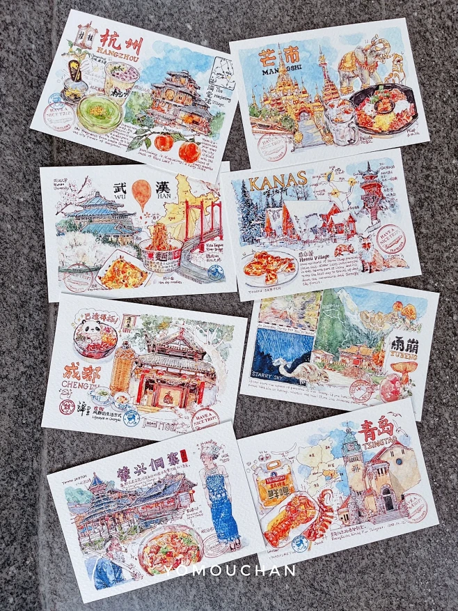 手绘城市明信片打印出来，色彩还原还可以～-花瓣网