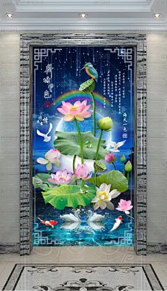 神韵荷花荷塘月色花鸟圆月中式玄关背景墙
