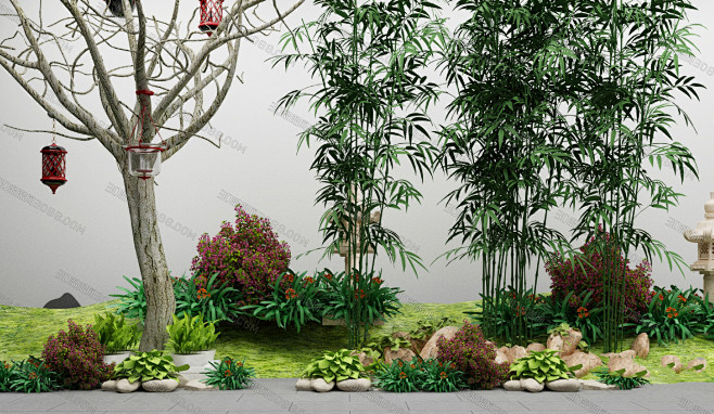 园林景观小景3Dmax模型新中式禅意3D...