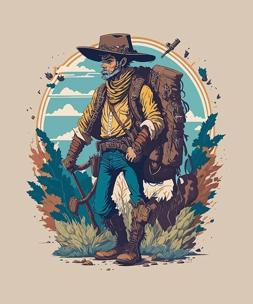 背包旅行探险远足精美卡通牛仔人物插画矢量...