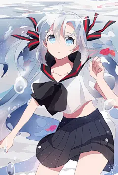 （当动漫人物在水里时）动漫 插画 水里 少女 水波 封面 头像 人物 P站 二次元 壁纸 水中 原创 瓶初音 初音未来