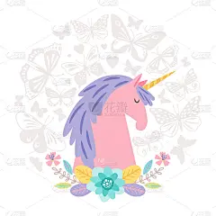独角兽梦平在圆的背景与蝴蝶