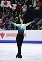 Yuzuru Hanyu of Japan reacts as he completes his program in the Men's Singles Free Program during day two of the 2016 Skate Canada International at...