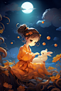 团圆节日国潮中国风女孩玉兔中秋节人物插画