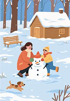 卡通冬季堆雪人插画
