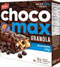 a box of chocolate max granola with chocolate chips
