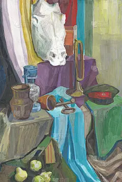 用颜料作画，石膏马头的静物画