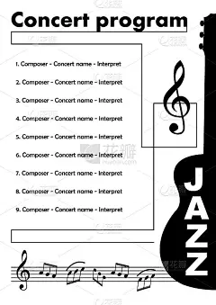 爵士音乐会节目模板剪出吉他，高音谱号和一些音符在五线谱，音乐传单，单色文件模板