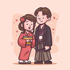 日本传统服饰男女情侣夫妻插画矢量图设计素材