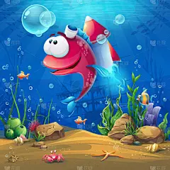 与趣怪鱼的海底世界。海洋生命景观-海洋和水下世界的不同的居民。设计网站和手机，印刷.