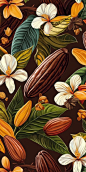 Seamless pattern with cocoa beans and flowers on brown background