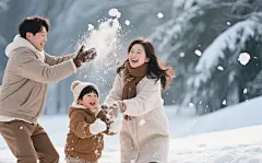 幸福的一家人在户外打雪仗玩雪