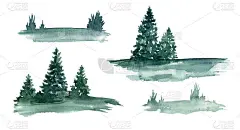 抽象的林地插图。手绘冷杉树剪影水彩飞溅纹理孤立在白色背景。冬季雾林元素为卡片、海报、设计。