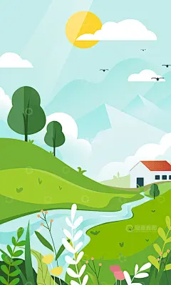手机端扁平风青山绿水风景插画背景高清模板免费下载-趣麦麦图