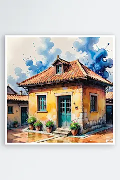 手绘油画老房子四合院插画-众图网