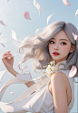 01160--3-a woman,white_background,grey hair,white ribbons fluttering up in the air,beautiful and romantic,curly hair,white petals fall,