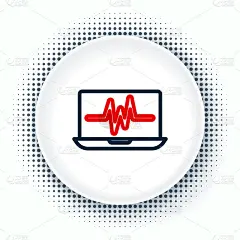 Line笔记本电脑与心电图图标隔离在白色背景。监控图标。心电监护仪与心跳手绘。色彩斑斓的轮廓的概念。