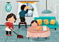 儿童教材插图——爸爸妈妈和孩子，一家人一起做家务 - 燕窝窝 - 原创作品 - 视觉中国(shijueME)