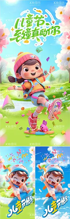 六一儿童节3D海报  - 源文件下载【酷图网】海报,公历节日,六一,儿童节,3D,孩子,儿童,蓝天,草地,花朵,
