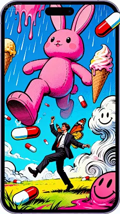 世界精神卫生日，10月10日，疯狂风格，巨大的粉色兔子玩偶踩着漂浮的药片，天空下着融化的冰淇淋雨，穿着西装的人长出蝴蝶翅膀在跳舞，背景是扭曲的笑脸云朵，波普艺术风格，明亮色彩，粗犷线条，特写镜头，荒诞幽默的氛围，用于手机壁纸