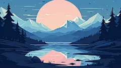 自然风景湖泊山森林落日插画矢量图设计素材