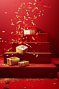 Red box with gold confetti and confetti coming down steps, in the style of indoor still life, simplified compositions, wrapped, piles/stacks, crisp and clean, commercial imagery, spiral group