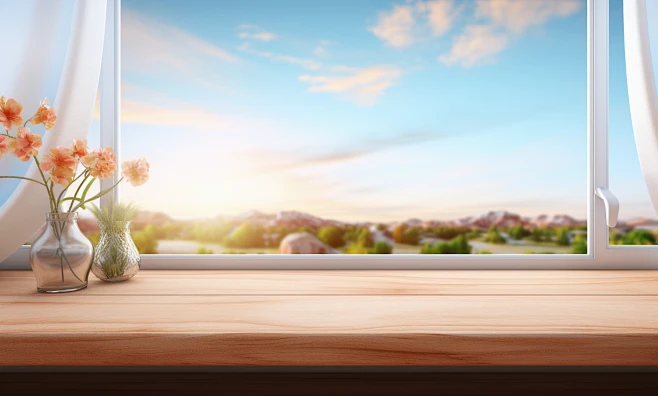 a window view scene with a wood frame, in the style of minimalist ...