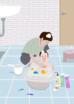 泡澡洗浴父子时光浴室场景亲子插画