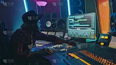 在音乐录音棚工作的时尚音频工程师/制作人。计算机屏幕显示数字音频工作站软件的用户界面与曲目歌曲播放。