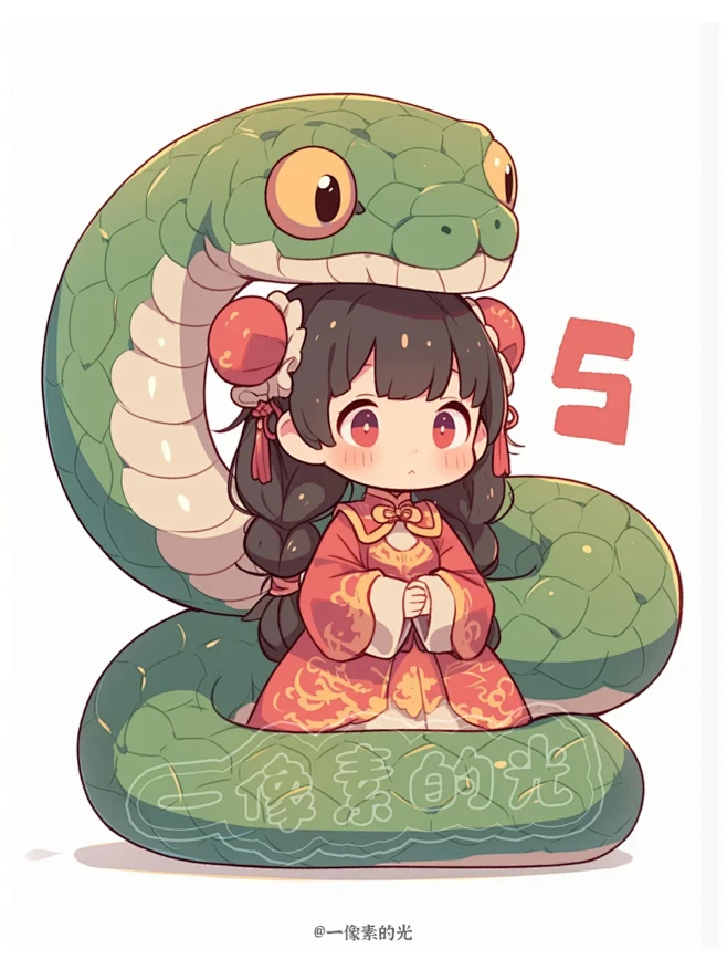小女孩和蛇-2025蛇年卡通IP插画 -...