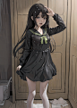 00041-1319364791-(Long hair with natural waves),chibi，_(character on front),arched back,dark hair, dark eyes,_masterpiece, best quality, looking
