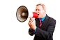Senior businessman screaming loudly in a big megaphone