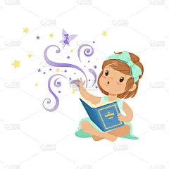 兴奋的蹒跚学步的女孩坐着打开魔法书，并伸出她的手给仙女。具有巨大想象力的卡通儿童角色。孤立平面向量