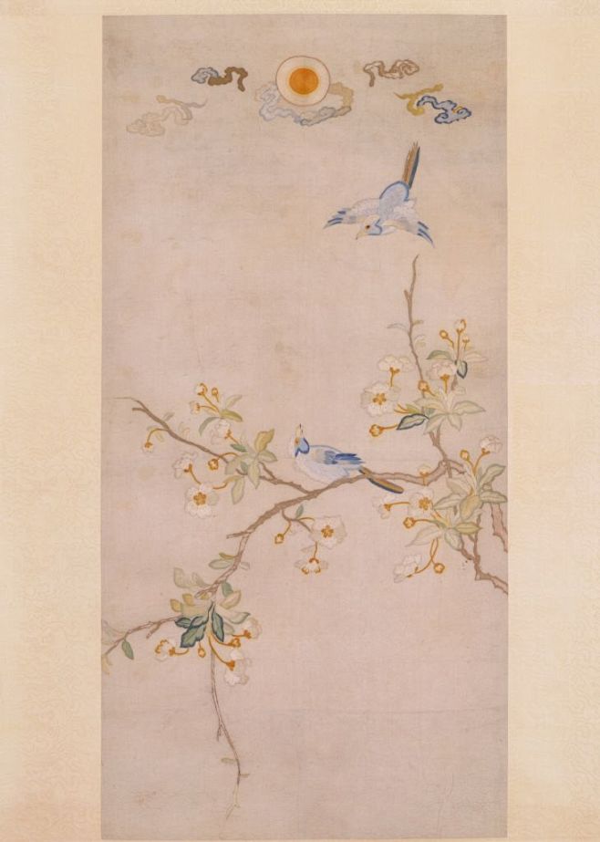 刺绣海棠双禽图轴 - 故宫博物院