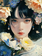 A poster,flowers，face close-up,cruel korean goth girl,song hye-kyo,Delicate face,down shot, waist up portrait, thick acrylic illustration on pixiv, by Kawacy, by john singer sargent,Masterpiece,one Girls,Korean, blue eyes,Cold eyes,black hair,Light yellow