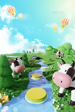 3D立体奶牛牧场母婴电商展台场景图片_潮国创意