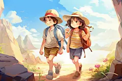 学生放暑假漫画风出游插画