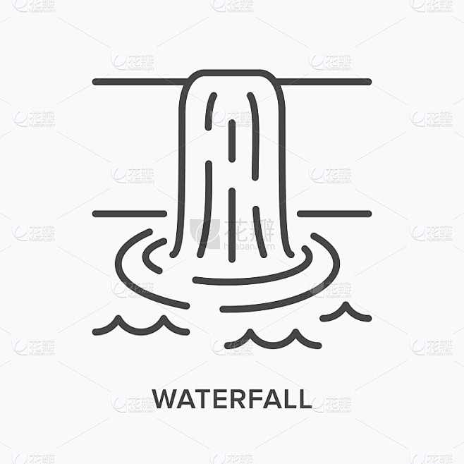 瀑布式直线图标。级联水的矢量轮廓图。黑色细象形文字为自然景观