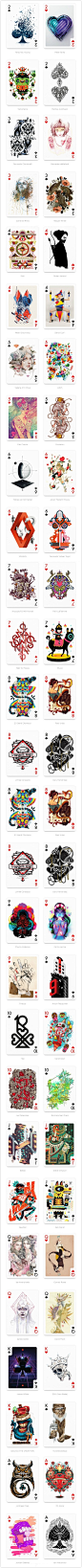 来自世界各地的54位艺术家，每个人采用自己的绘图风格绘制了一张扑克牌图案，组成一套完整的54张扑克牌，售价17美元一盒。（via第二自然）