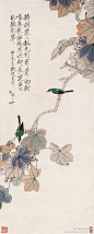 #工笔画#【 于非闇 《秋梧鸣禽》 】轴，纸本设色，114.3×46.2cm，1936年作。 题识：“梧桐叶上秋先到，索索萧萧向树鸣。为报西风莫吹却，夜深留去（此字点掉）取听秋声。” 画家对宋徽宗赵佶工笔花鸟画法用功尤深，其画线条严谨、劲挺有力，设色典雅、清丽、匀净，画面具有装饰性。