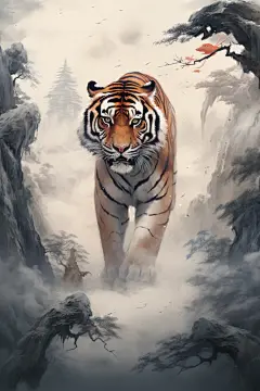 动物森林之王老虎云雾艺术画作背景图
